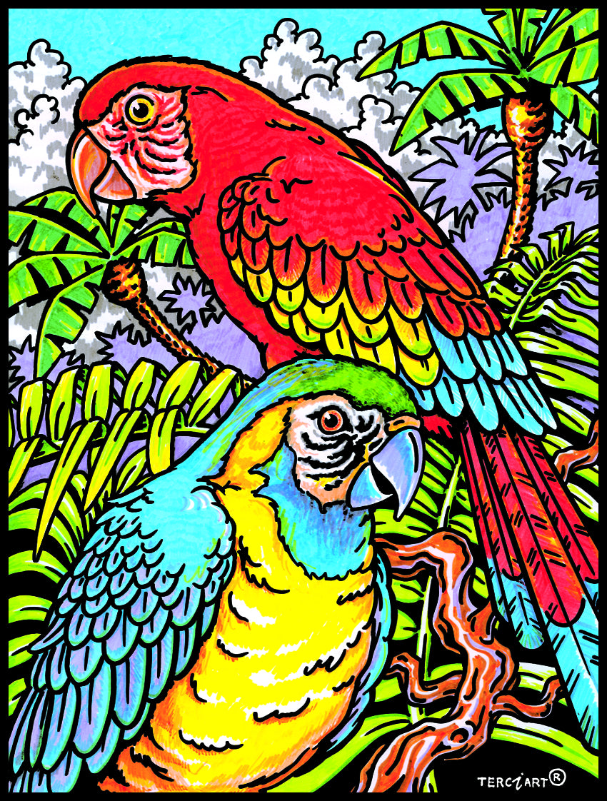 Photo d’un tableau à colorier en relief motif perroquets tropicaux