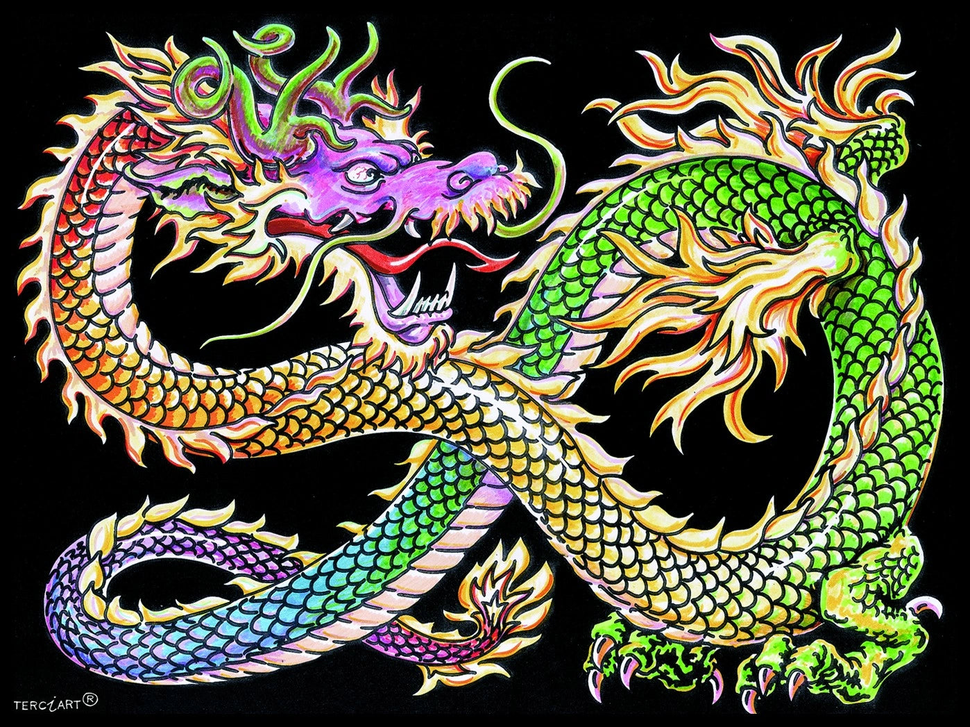 Photo d’un tableau à colorier en relief motif dragon asiatique multicolore.