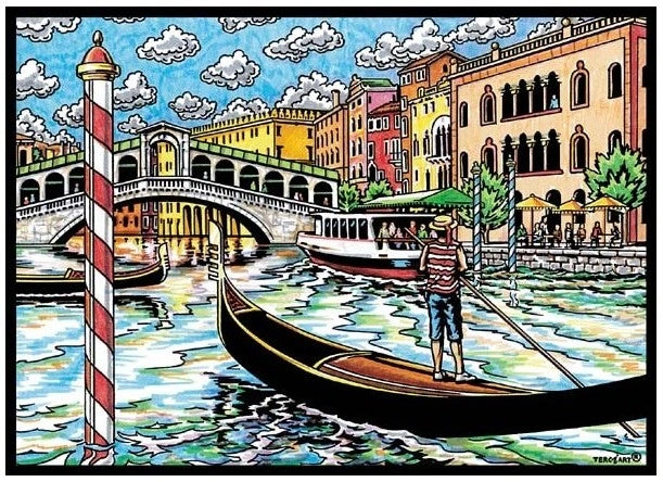 Photo d’un tableau à colorier en relief motif gondole à Venise avec pont du Rialto.