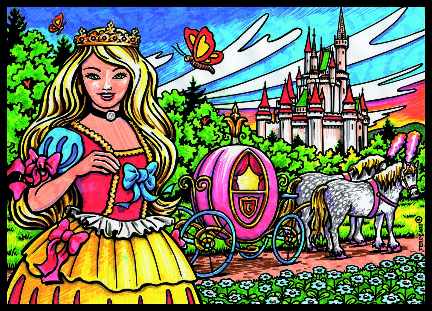 Photo d’un tableau à colorier en relief motif princesse et carrosse royal devant un château.