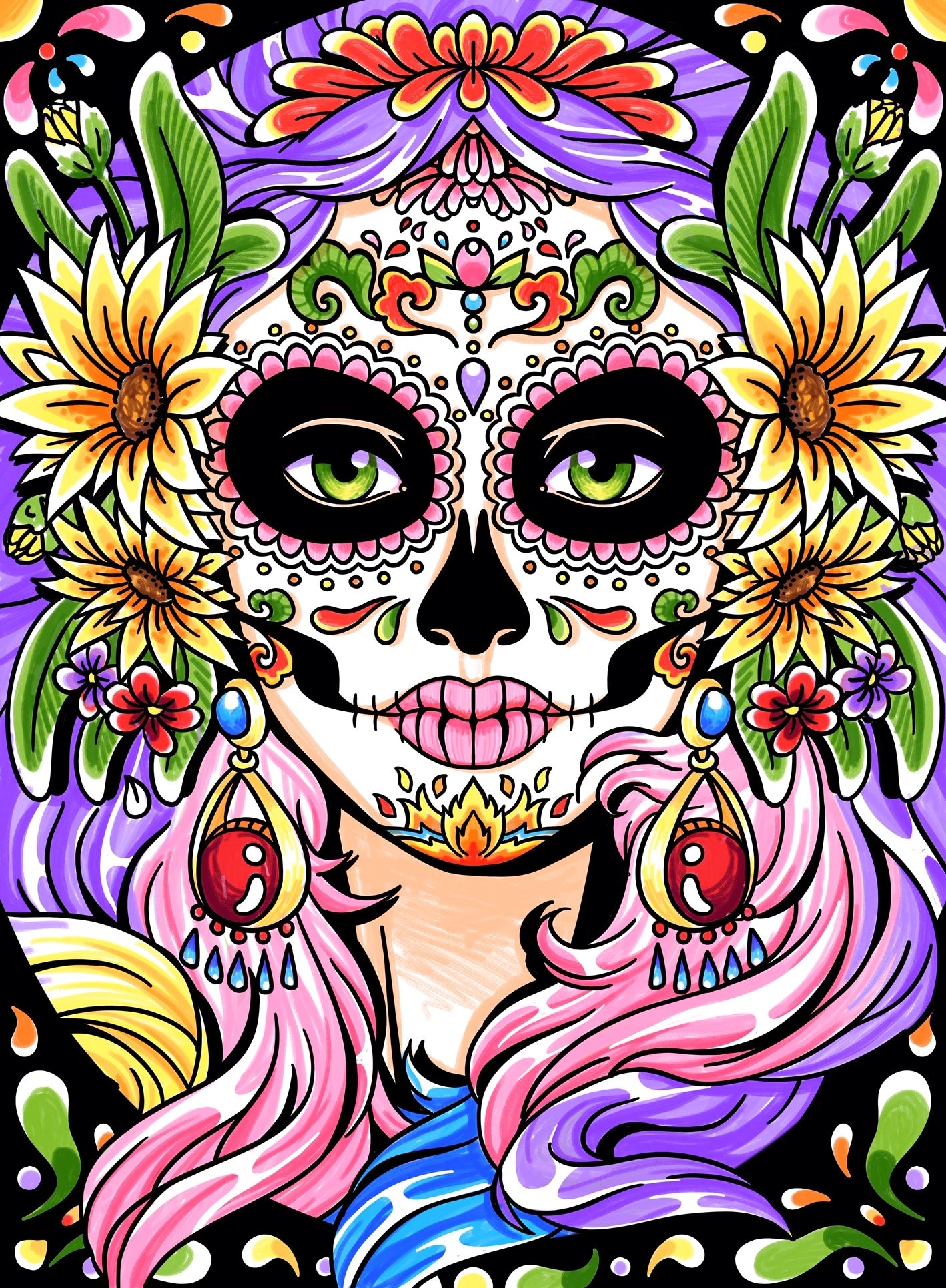 Photo d’un tableau à colorier en relief motif Catrina avec maquillage fleuri du Día de los Muertos.