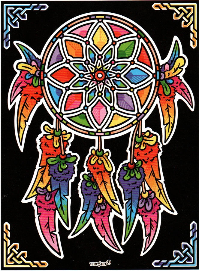 Photo d’un tableau à colorier en relief motif attrape-rêves aux plumes colorées.
