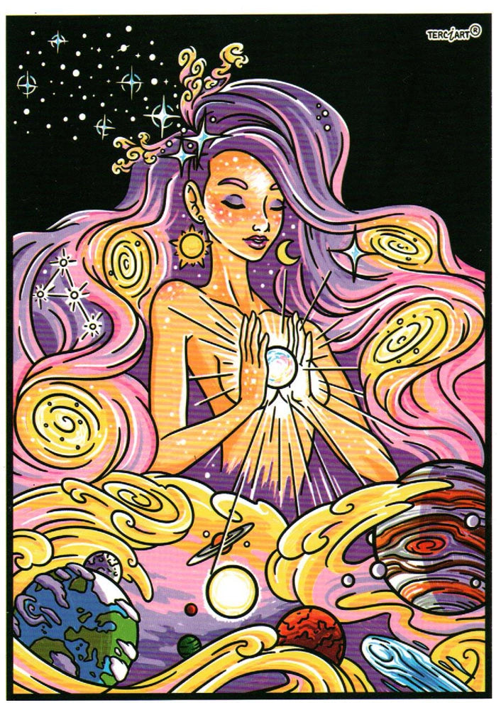 Photo d’un tableau à colorier en relief motif déesse cosmique tenant un orbe lumineux au milieu des planètes.