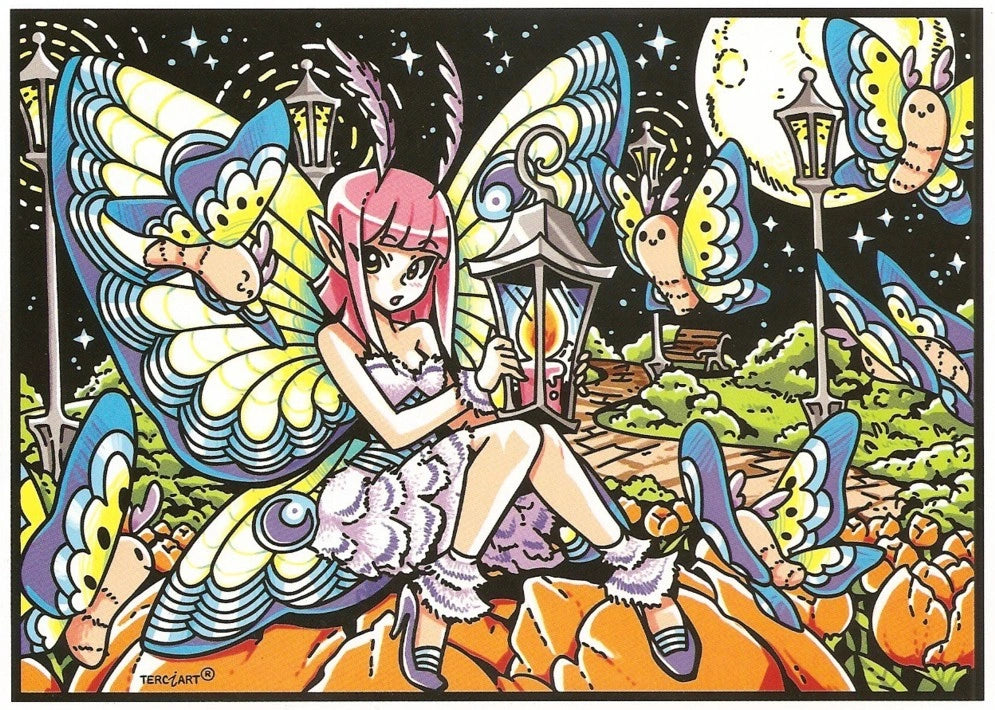Photo d’un tableau à colorier en relief motif fée avec lanterne entourée de papillons nocturnes.