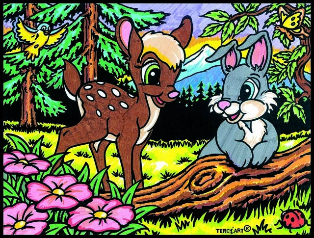 Photo d’un tableau à colorier en relief motif faon et lapin dans une clairière fleurie.