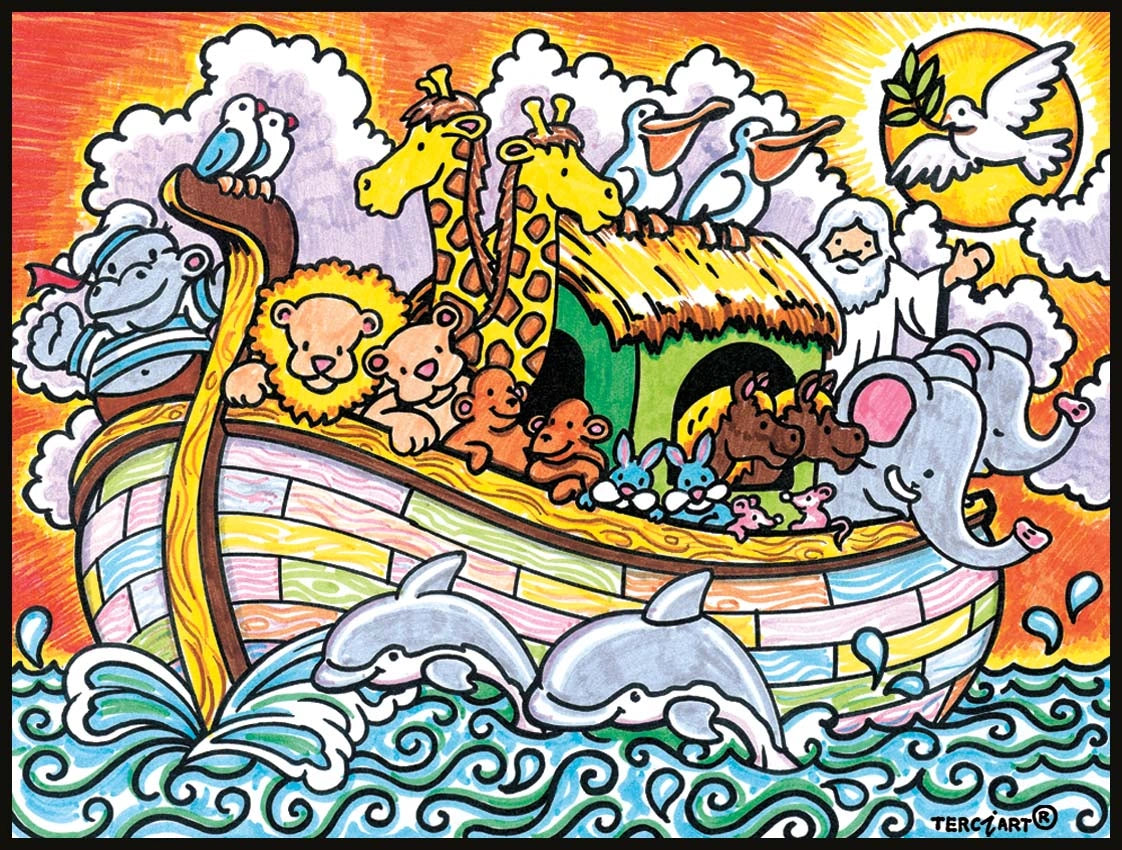 Photo d’un tableau à colorier en relief motif arche de Noé avec animaux et colombe de paix.