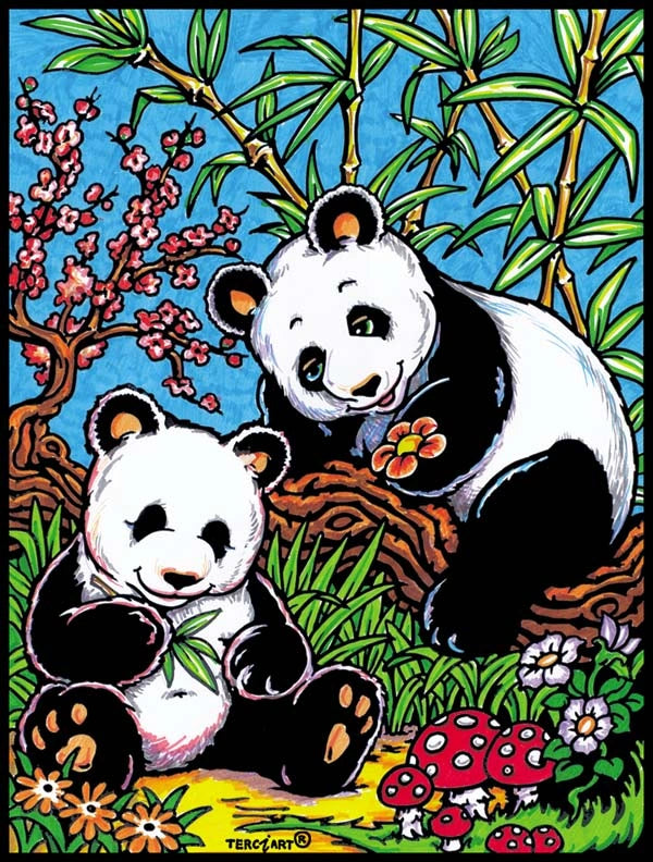 Photo d’un tableau à colorier en relief motif pandas dans la nature avec bambous.