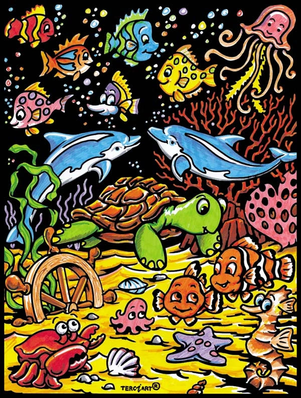 Photo d’un tableau à colorier en relief motif animaux marins avec poissons, dauphins et tortue.