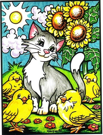 Photo d’un tableau à colorier en relief motif chaton et poussins avec tournesols.