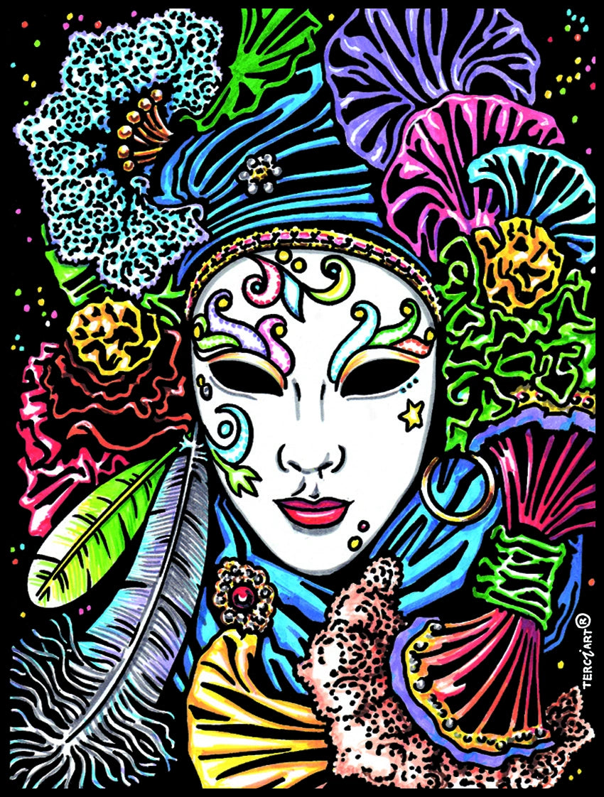 Photo d’un tableau à colorier en relief motif masque vénitien orné de fleurs et plumes.