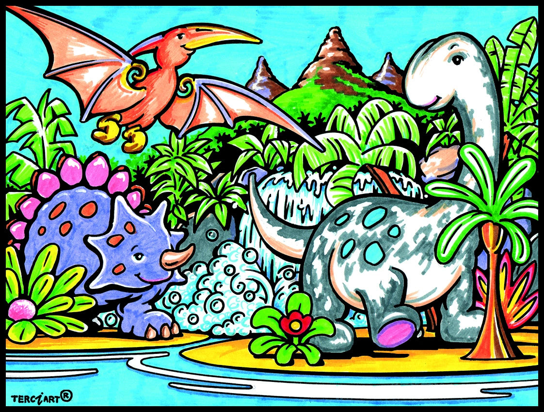 Photo d’un tableau à colorier en relief motif dinosaures dans un décor préhistorique