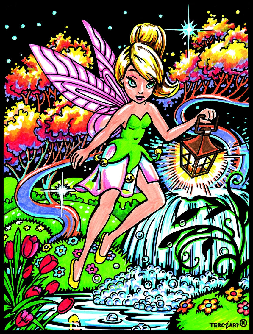 Photo d’un tableau à colorier en relief motif fée magique avec lanterne et cascade