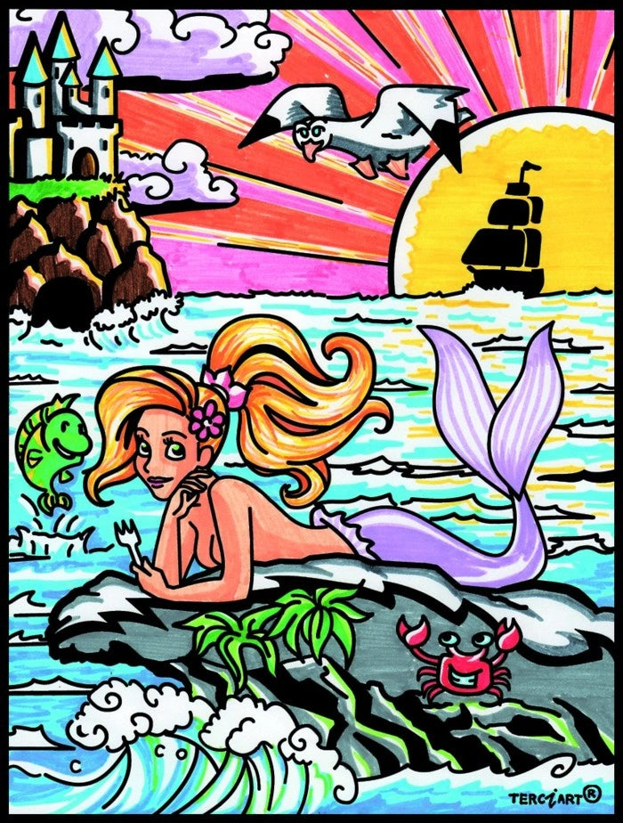 Photo d’un tableau à colorier en relief motif sirène sur un rocher au coucher de soleil.