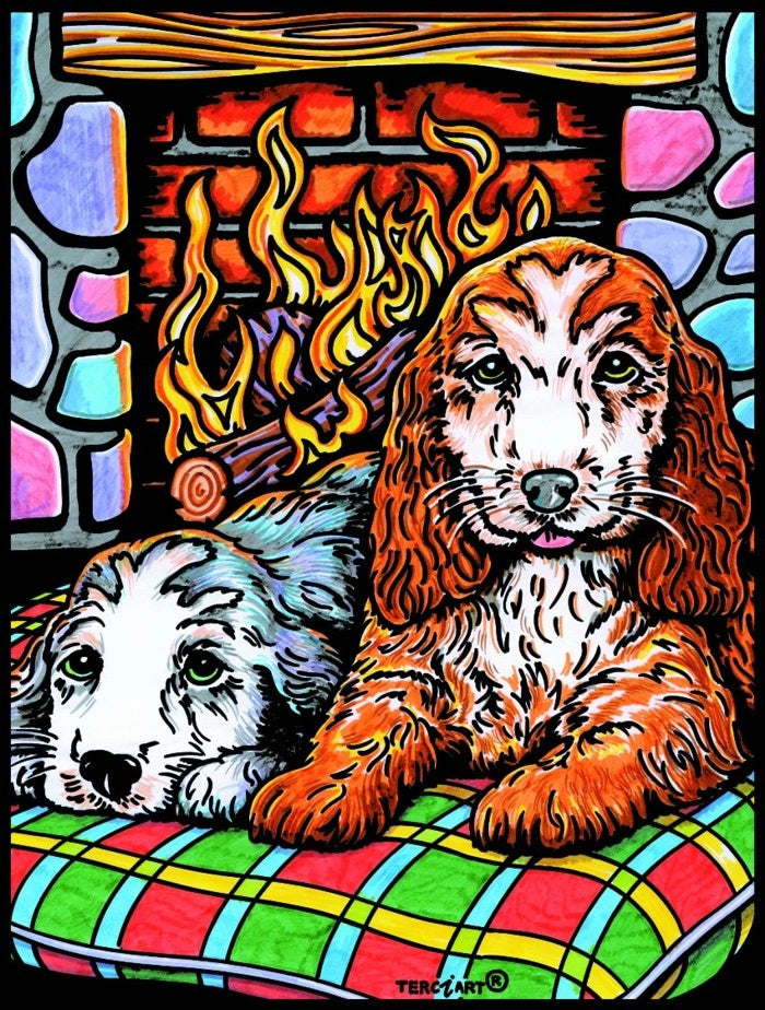 Photo d’un tableau à colorier en relief motif deux chiens devant une cheminée.