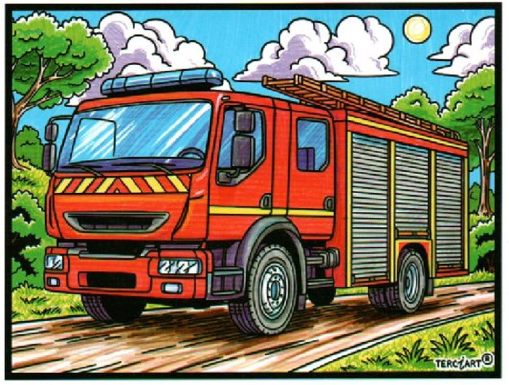 Photo d’un tableau à colorier en relief motif camion de pompiers rouge avec échelle.