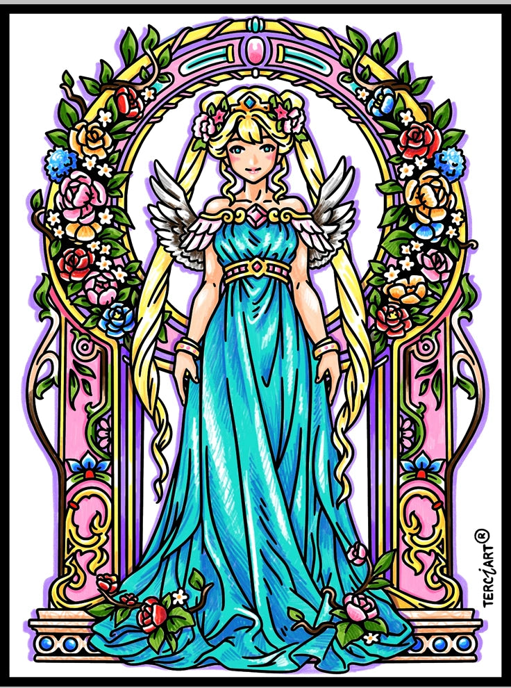 Photo d’un tableau à colorier en relief motif princesse avec ailes entourée de fleurs et d’un arc décoratif.