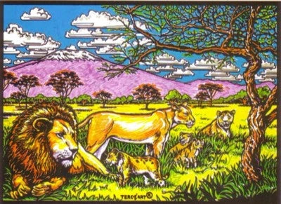 Photo d’un tableau à colorier en relief motif famille de lions dans la savane.