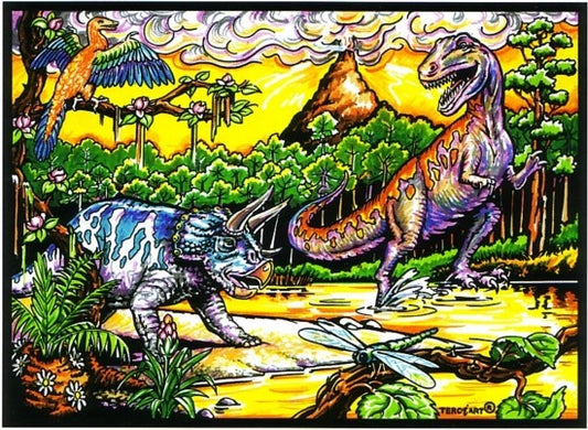 Photo d’un tableau à colorier en relief motif dinosaures près d’un volcan.