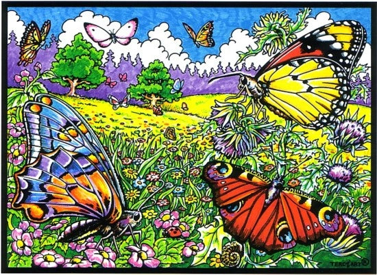 Photo d’un tableau à colorier en relief motif papillons dans un champ fleuri.