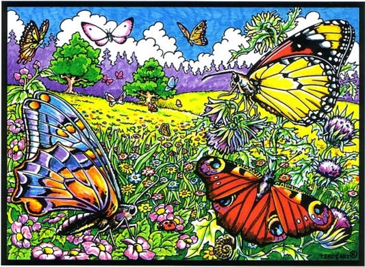 Photo d’un tableau à colorier en relief motif papillons dans un champ fleuri.