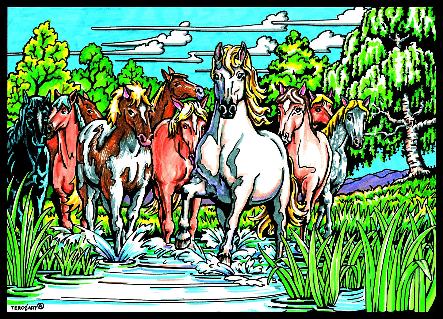 Photo d’un tableau à colorier en relief motif chevaux au bord d’un ruisseau.