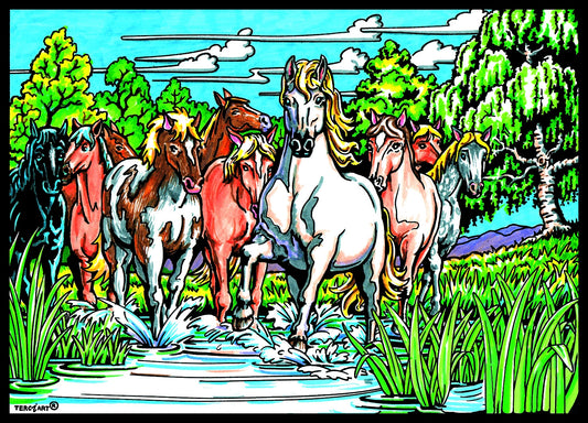 Photo d’un tableau à colorier en relief motif chevaux au bord d’un ruisseau.