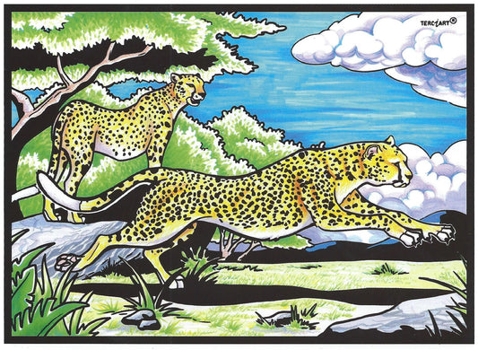 Photo d’un tableau à colorier en relief motif guépards dans la savane africaine.