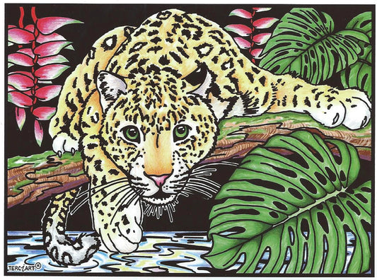 Photo d’un tableau à colorier en relief motif jaguar allongé sur une branche dans la jungle.