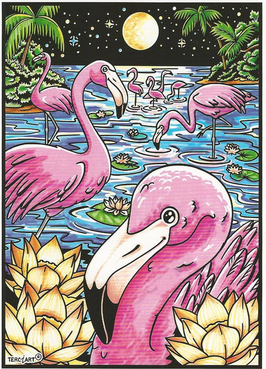 Photo d’un tableau à colorier en relief motif flamants roses tropicaux