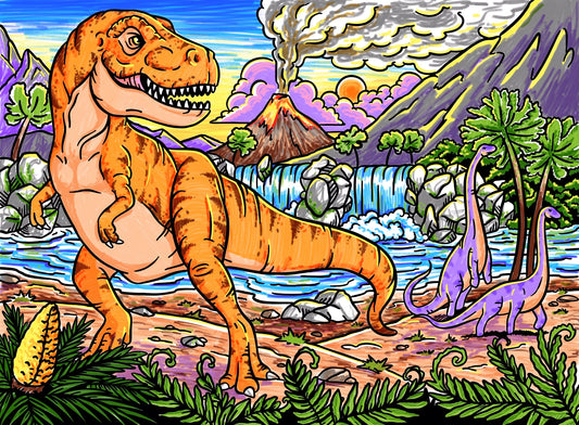 Photo d’un tableau à colorier en relief motif dinosaures avec tyrannosaure, diplodocus et volcan en éruption.