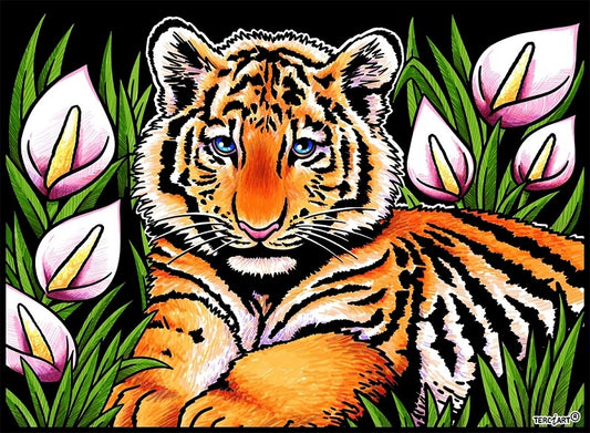 Photo d’un tableau à colorier en relief motif tigre au pelage rayé entouré de fleurs blanches.