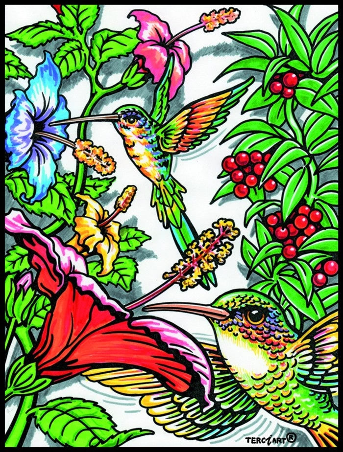 Photo d’un tableau à colorier en relief motif colibris et fleurs exotiques