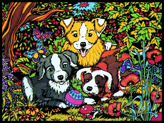 Photo d’un tableau à colorier en relief motif chiots dans un jardin fleuri.