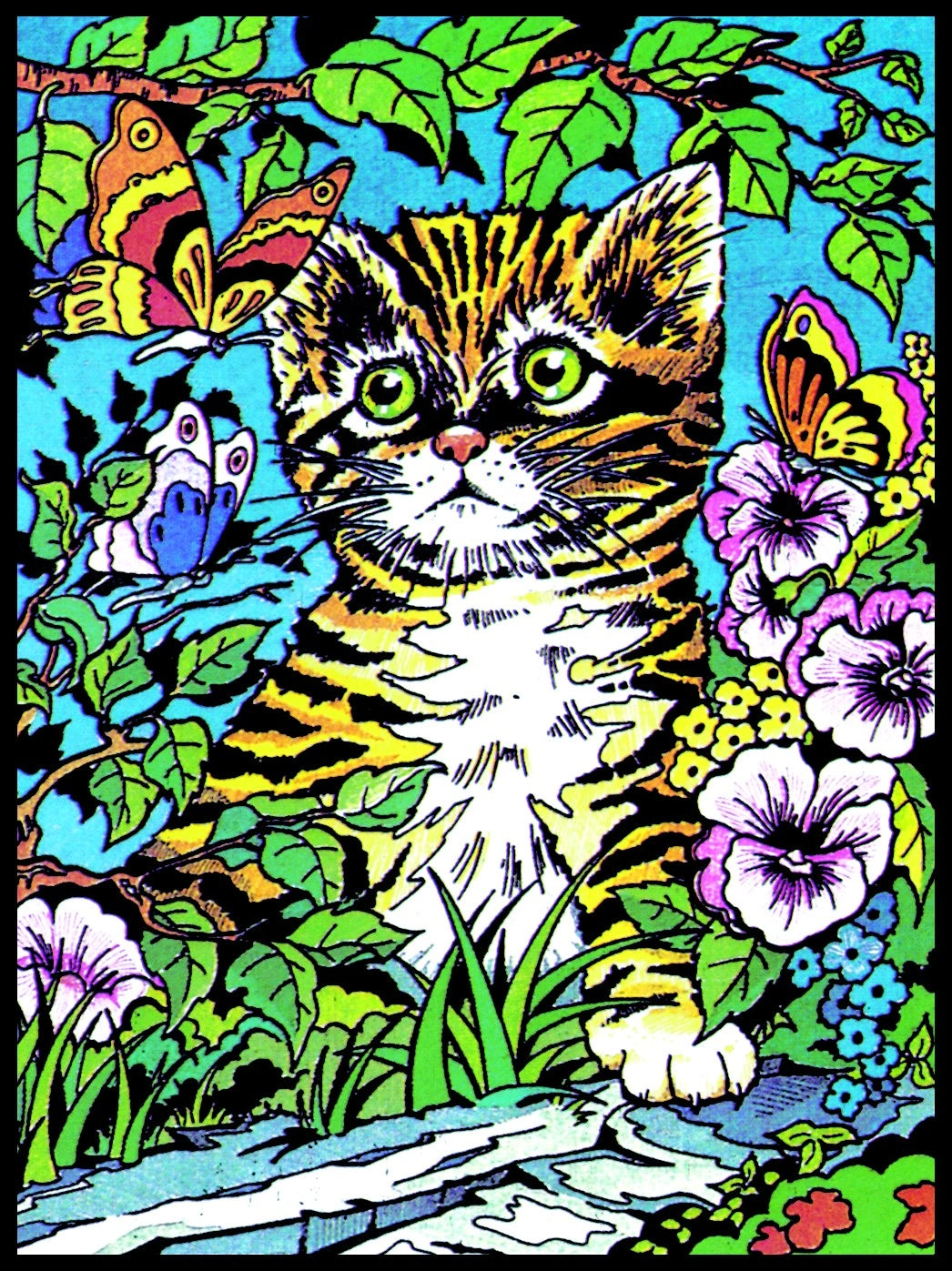 Photo d’un tableau à colorier en relief motif chaton avec papillons et fleurs.