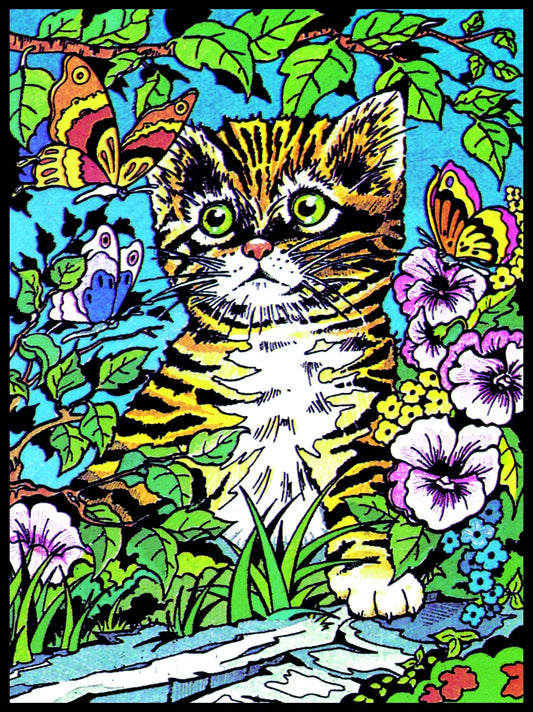 Photo d’un tableau à colorier en relief motif chaton avec papillons et fleurs.