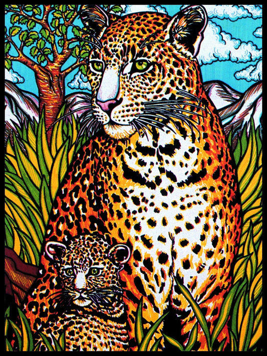 Photo d’un tableau à colorier en relief motif léopard avec son petit dans la savane.