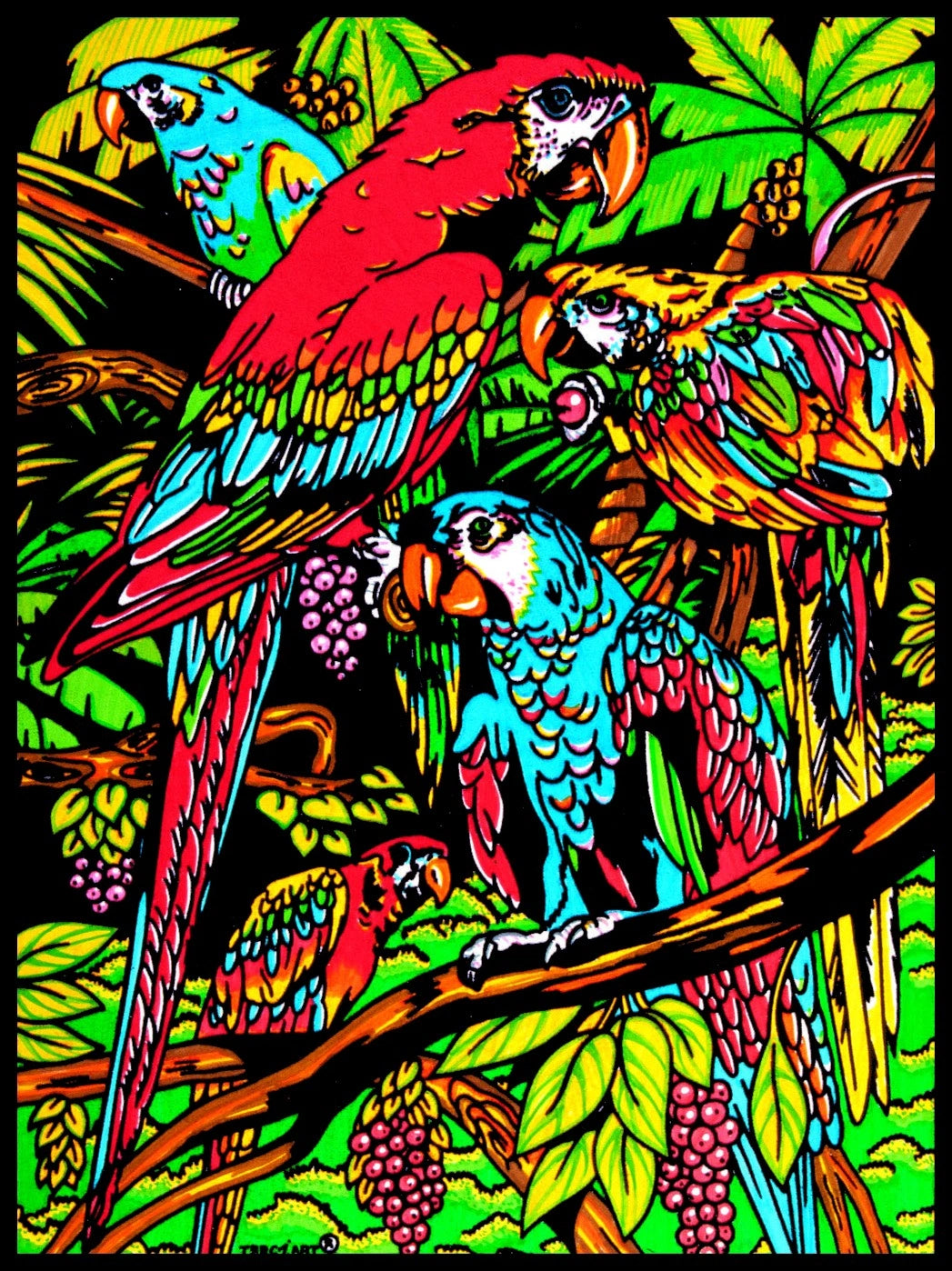 Photo d’un tableau à colorier en relief motif perroquets tropicaux dans la jungle.