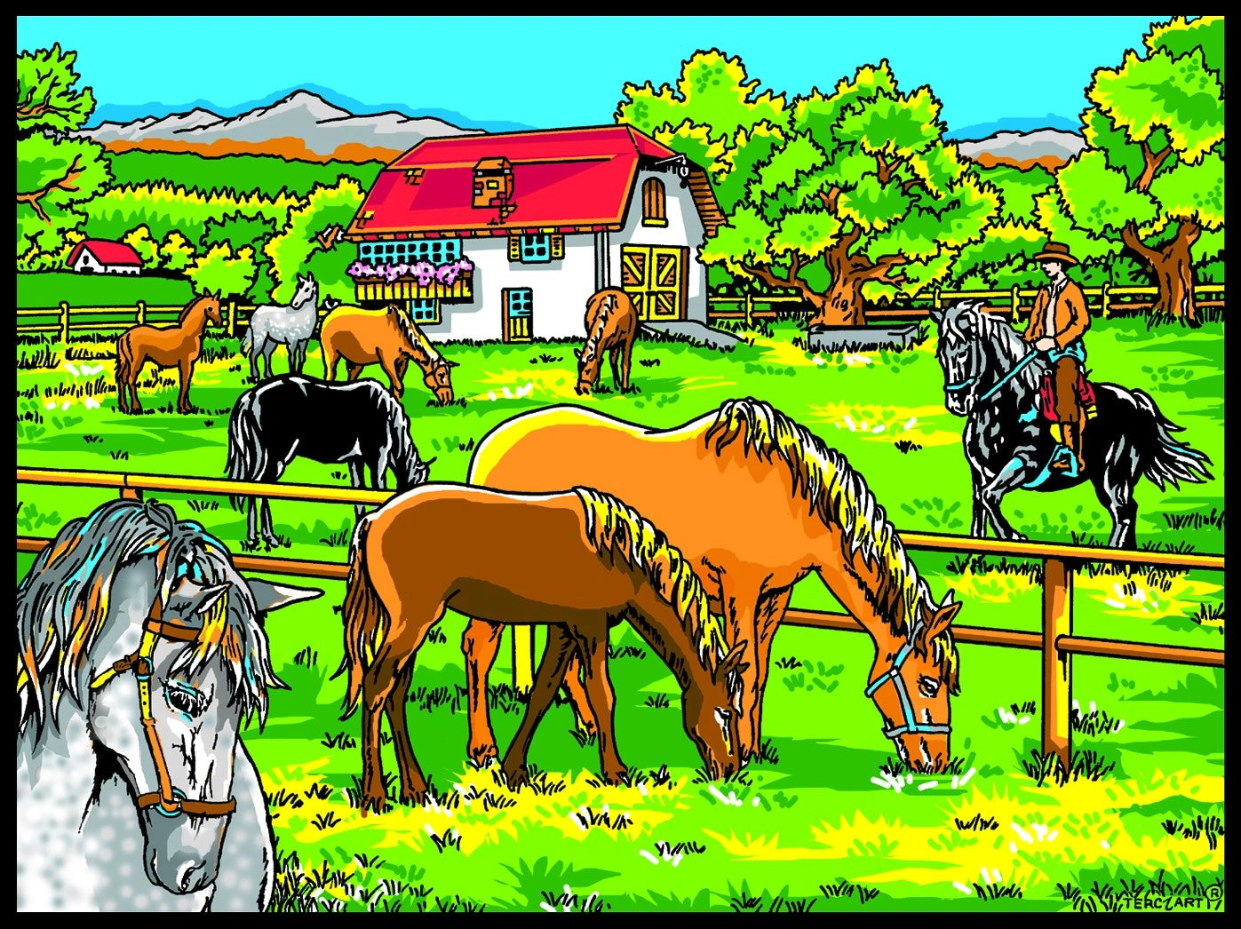 Photo d’un tableau à colorier en relief motif chevaux au pré devant une ferme.