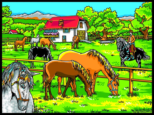 Photo d’un tableau à colorier en relief motif chevaux au pré devant une ferme.
