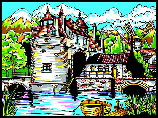 Photo d’un tableau à colorier en relief motif château et moulin près d’une rivière.