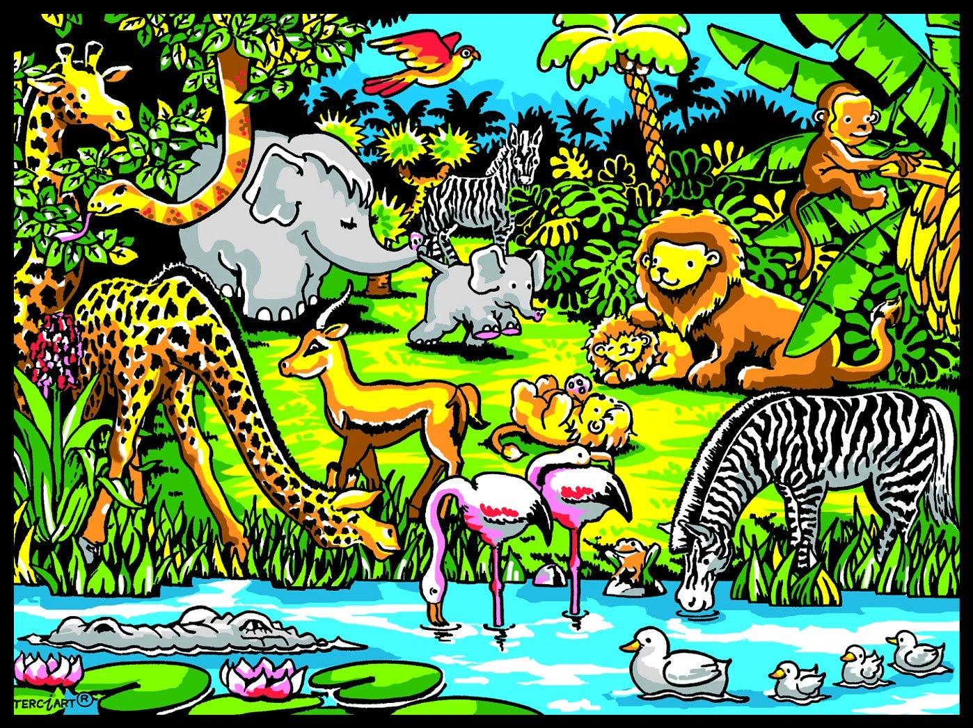 Photo d’un tableau à colorier en relief motif animaux de la savane avec lions, girafes et éléphants.