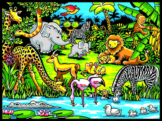 Photo d’un tableau à colorier en relief motif animaux de la savane avec lions, girafes et éléphants.