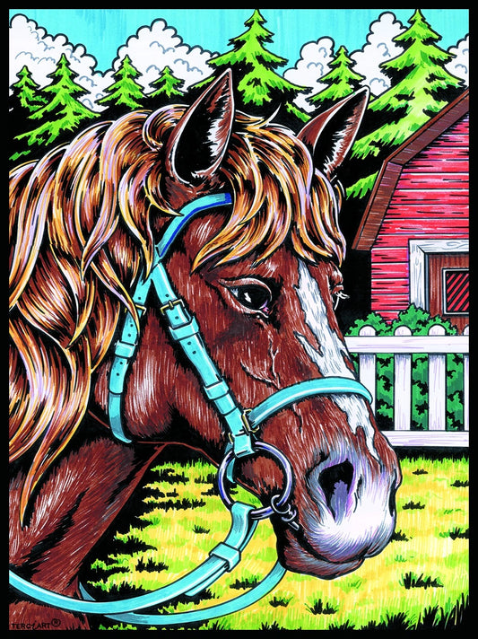 Photo d’un tableau à colorier en relief motif tête de cheval brun avec licol turquoise.