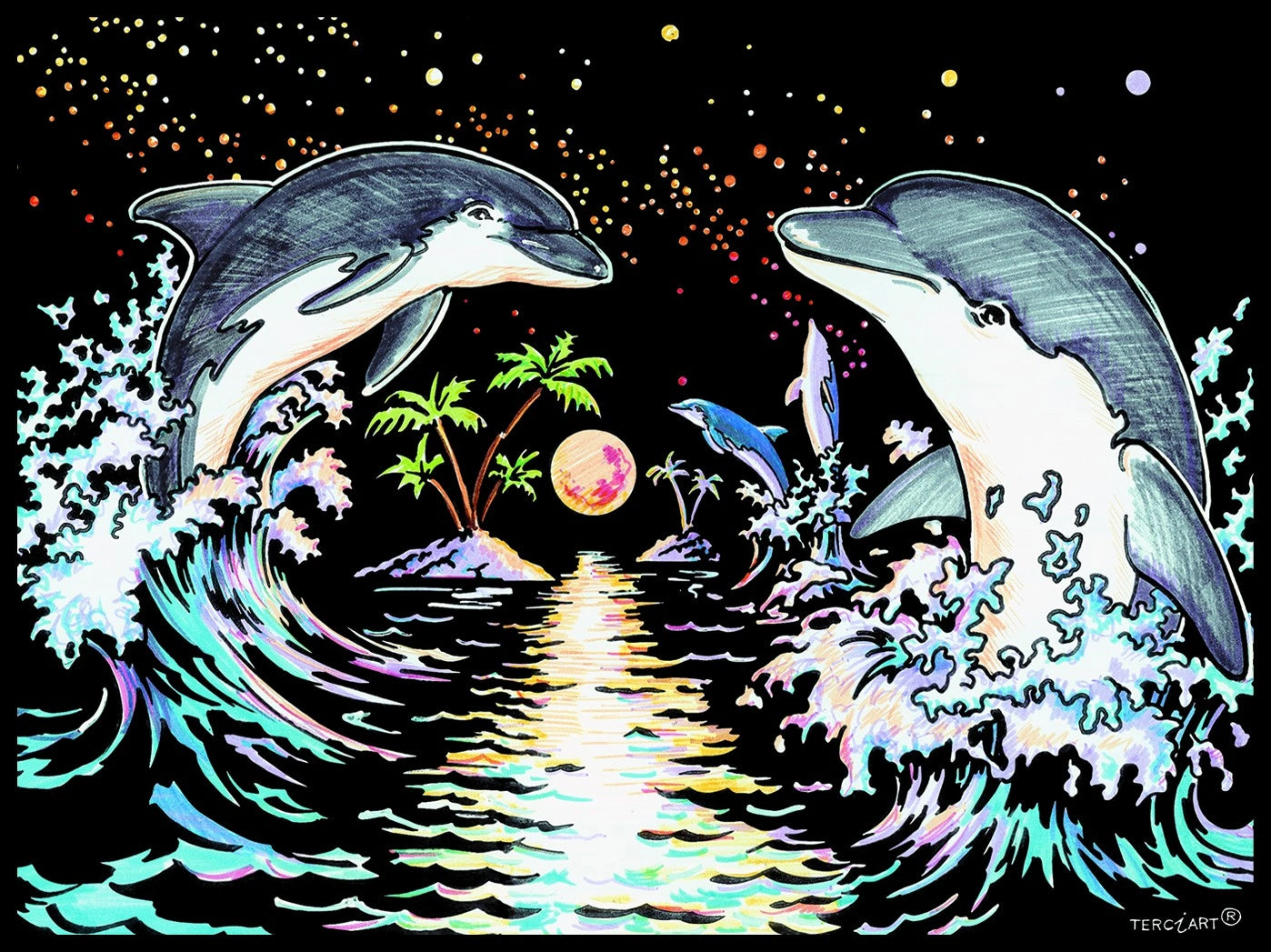 Photo d’un tableau à colorier en relief motif dauphins sautant dans l’océan sous un ciel étoilé.