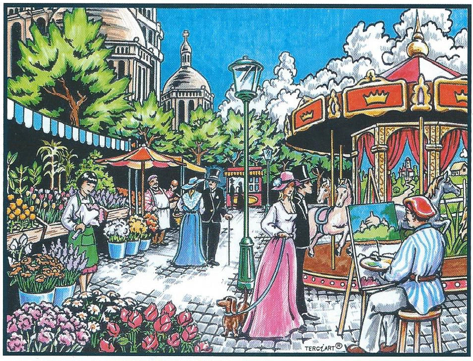 Photo d’un tableau à colorier en relief motif Montmartre avec marché, peintre et manège.