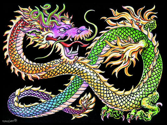 Photo d’un tableau à colorier en relief motif dragon asiatique multicolore.
