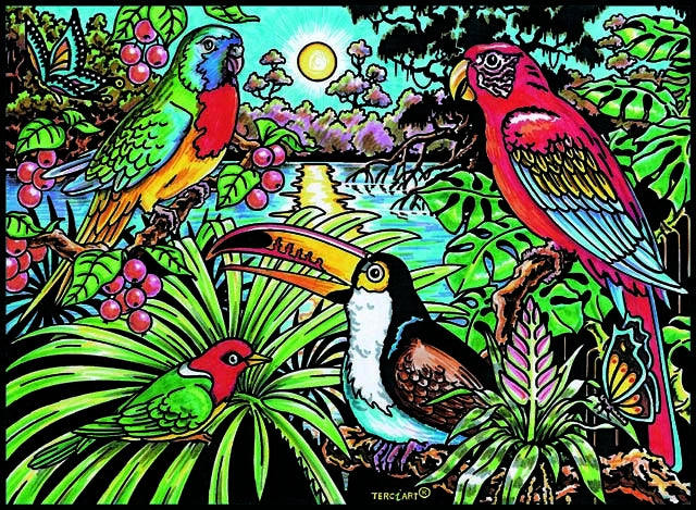 Photo d’un tableau à colorier en relief motif oiseaux tropicaux et toucan dans la jungle.