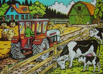 Photo d’un tableau à colorier en relief motif ferme avec tracteur et vaches.