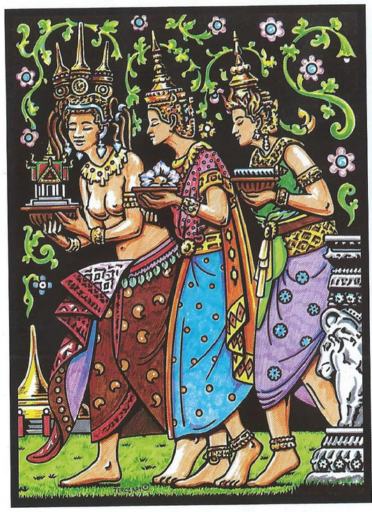 Tableau à colorier en relief représentant trois femmes asiatiques en habits traditionnels portant des offrandes.