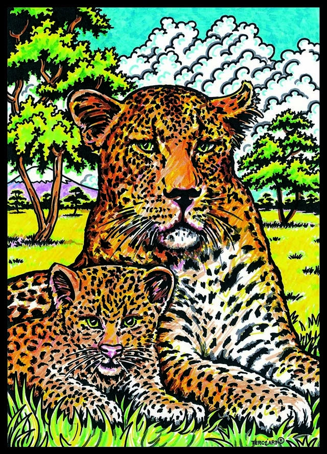 Photo d’un tableau à colorier en relief motif léopards dans la savane.